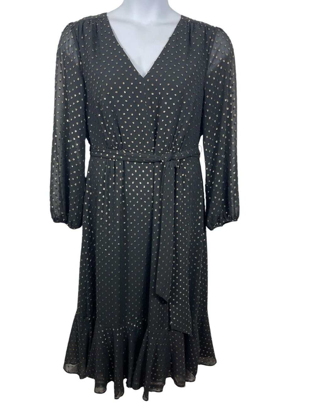 J.Crew Women’s 14 Black Gold Textured Dot Sheer Midi Dress Ruffle Hem Belted